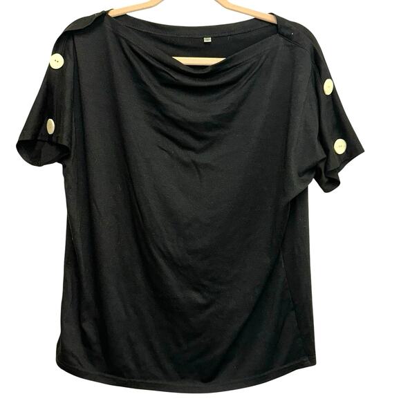 No brand Tops - Black Button Shoulder Top Medium Drape Neck Short Sleeve Blouse